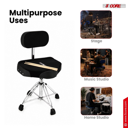 Start2Finish 5 Core Drum Throne with backrest, padded seat, and airlift adjustment for comfortable drumming sessions.