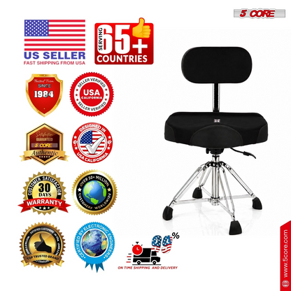 Start2Finish 5 core drum throne with backrest, padded seat, airlift adjustable height, ideal for drummers and musical instruments.