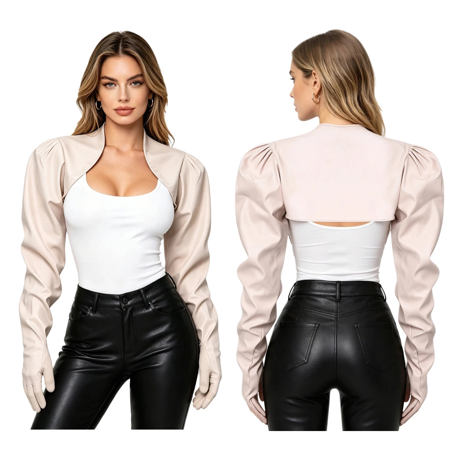Womens wet look PU leather cardigan crop jacket with long sleeves, open front, and matching gloves, ideal for party or clubwear.