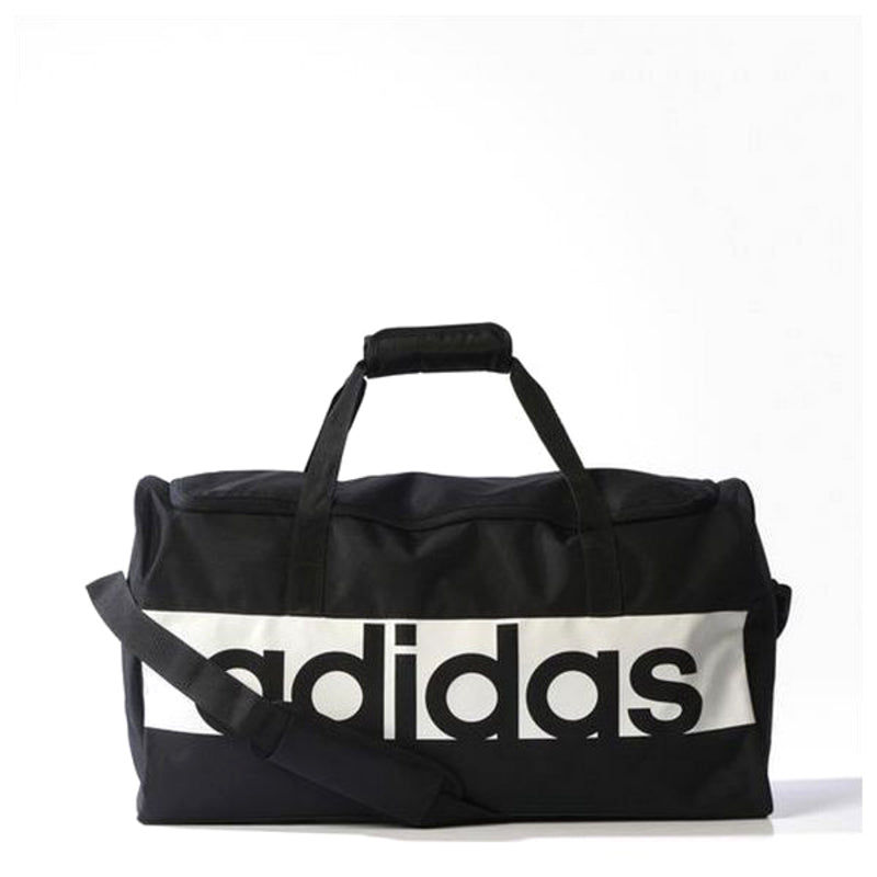 Adidas Lin Per TB M sports bag in black with white logo, sturdy handles, and spacious main compartment for outdoor activities.