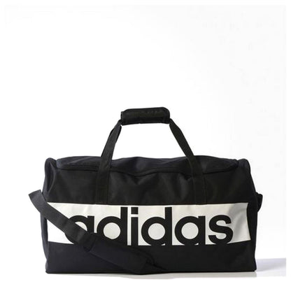Adidas Lin Per TB M sports bag in black with navy accents, spacious with handles and shoulder strap for outdoor activities.