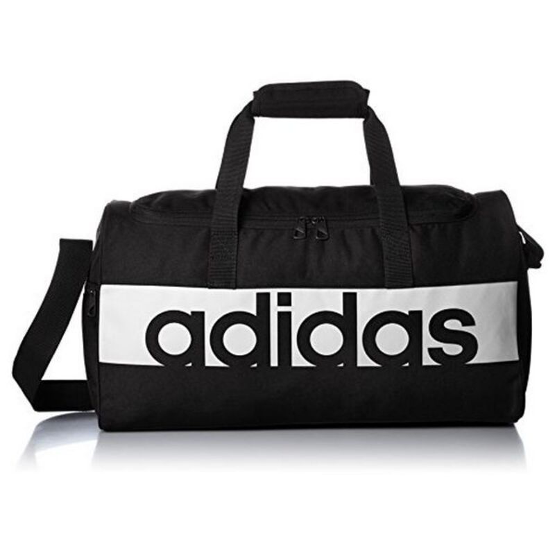 Adidas Lin Per TB M sports bag in black with handles and zipper, designed for sports and outdoor activities.