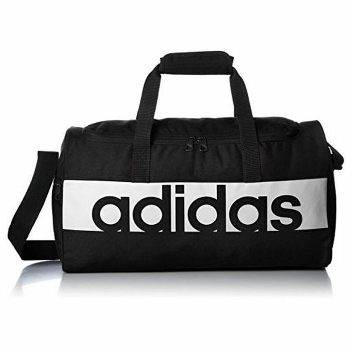 Black Adidas Lin Per TB M sports bag with carrying handles and zippered compartments, ideal for gym and outdoor activities.