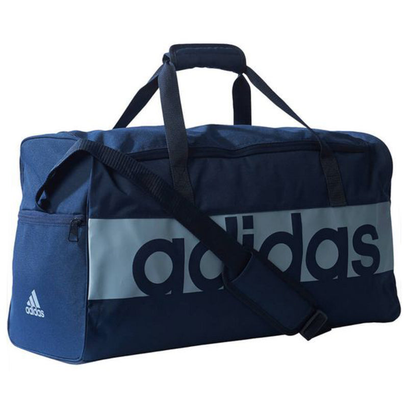 Adidas Lin Per TB M sports bag in black with white stripes, featuring handles and zippered compartments for outdoor activities.