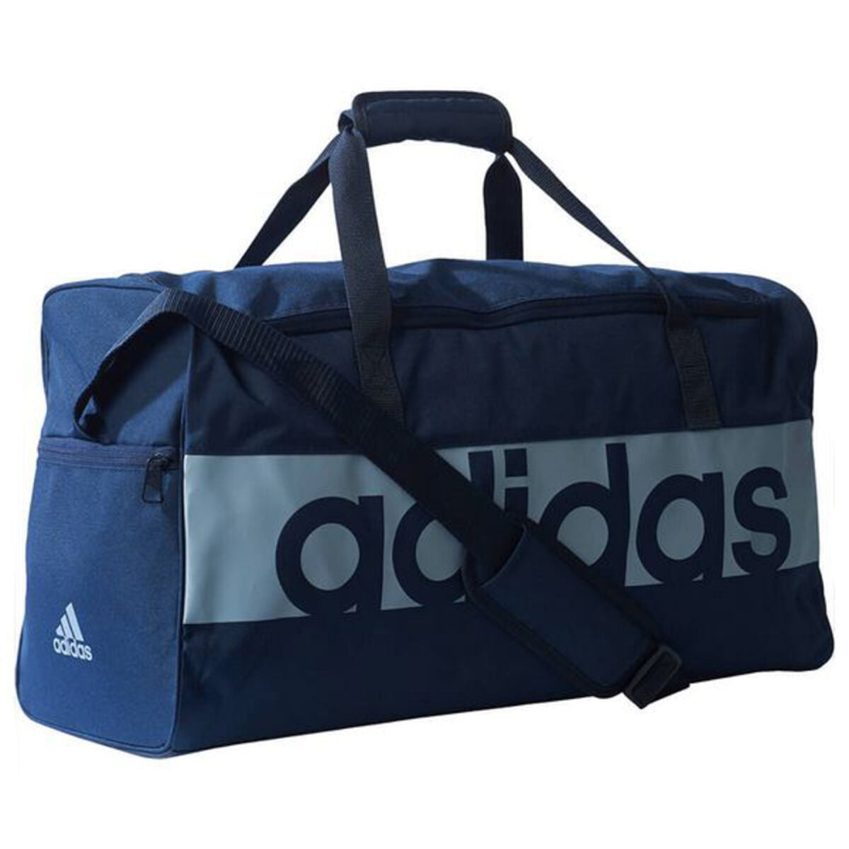 Adidas Lin Per TB M sports bag in black with white logo, durable nylon material, and adjustable shoulder strap.