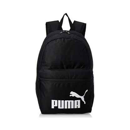 Black Puma PHASE gym bag with multiple compartments, durable handles, and sporty design for sports and outdoor activities.