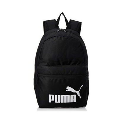 Black Puma PHASE gym bag with multiple compartments and adjustable shoulder strap, ideal for sports and outdoor activities.