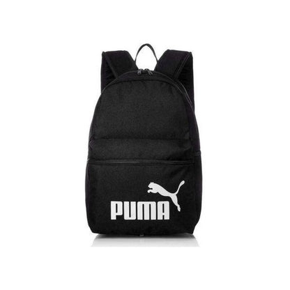 Black Puma PHASE gym bag with adjustable shoulder strap and multiple compartments for sports and outdoor activities.