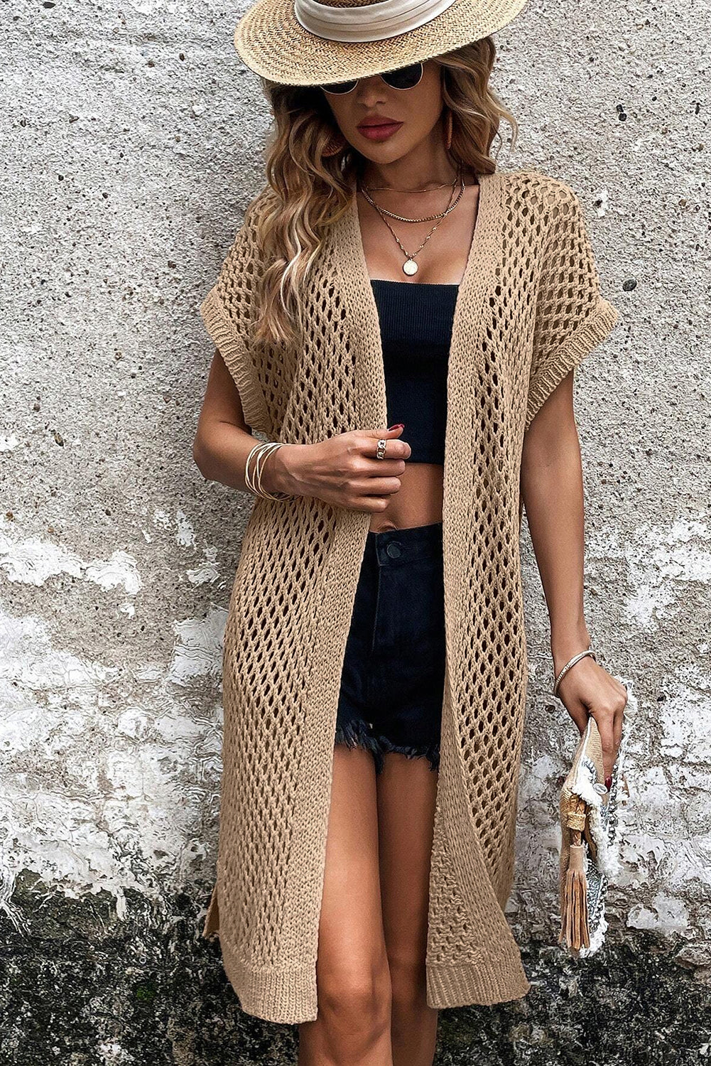 Camel batwing sleeve pointelle knit open front cardigan by Harlequin Daisy, featuring a cozy, stylish design and textured fabric.