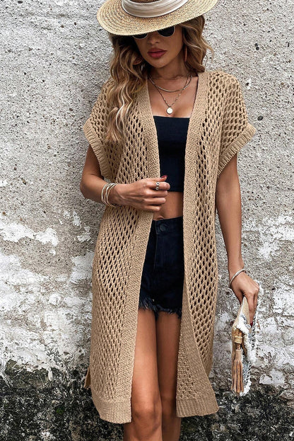 Camel batwing sleeve pointelle knit open front cardigan by Harlequin Daisy, featuring a cozy, stylish design and textured fabric.