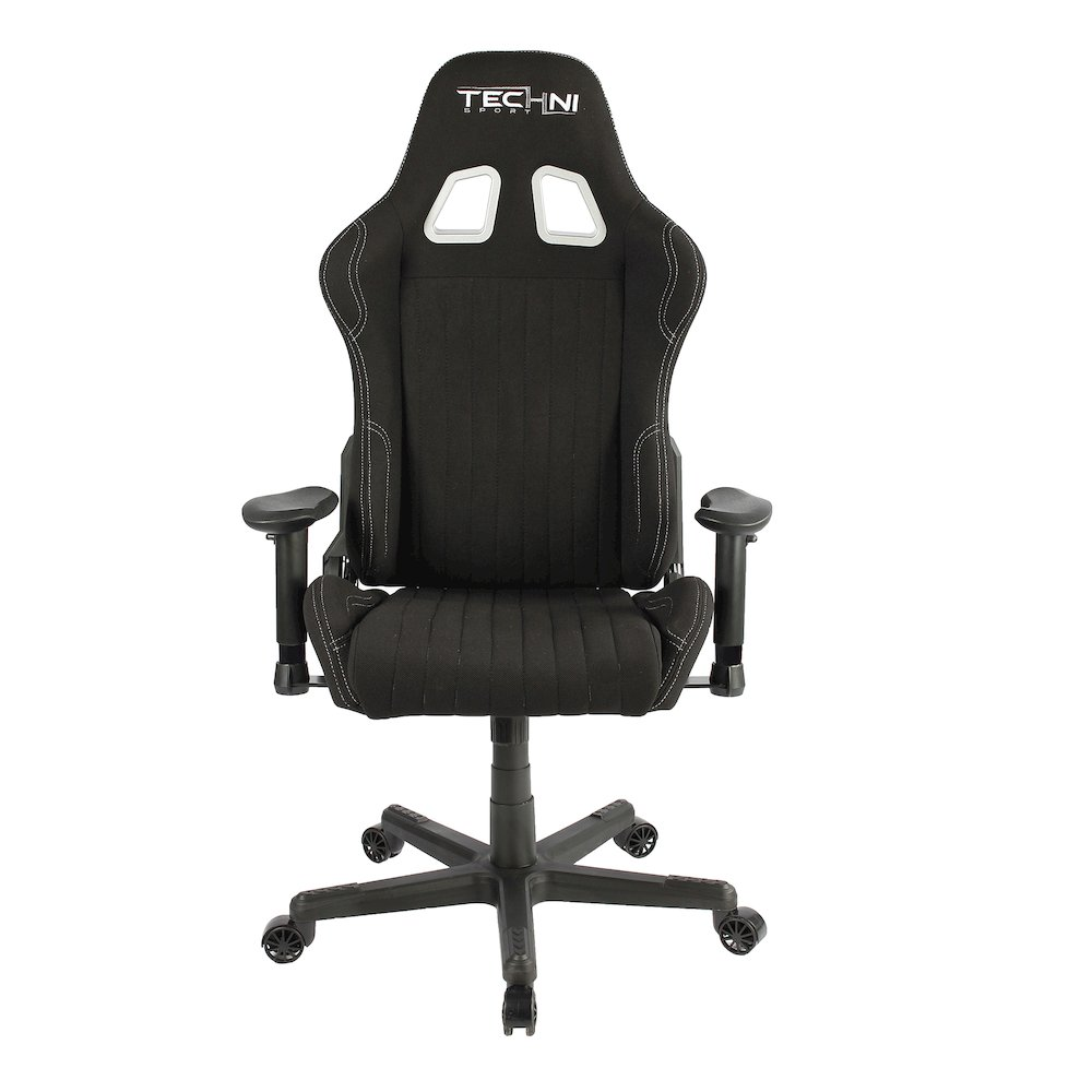 Black fabric ergonomic high back racer style PC gaming chair with armrests and adjustable height from Start2Finish.
