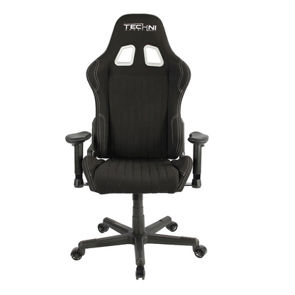 Black fabric ergonomic high back racer style PC gaming chair with armrests and adjustable height from Start2Finish.