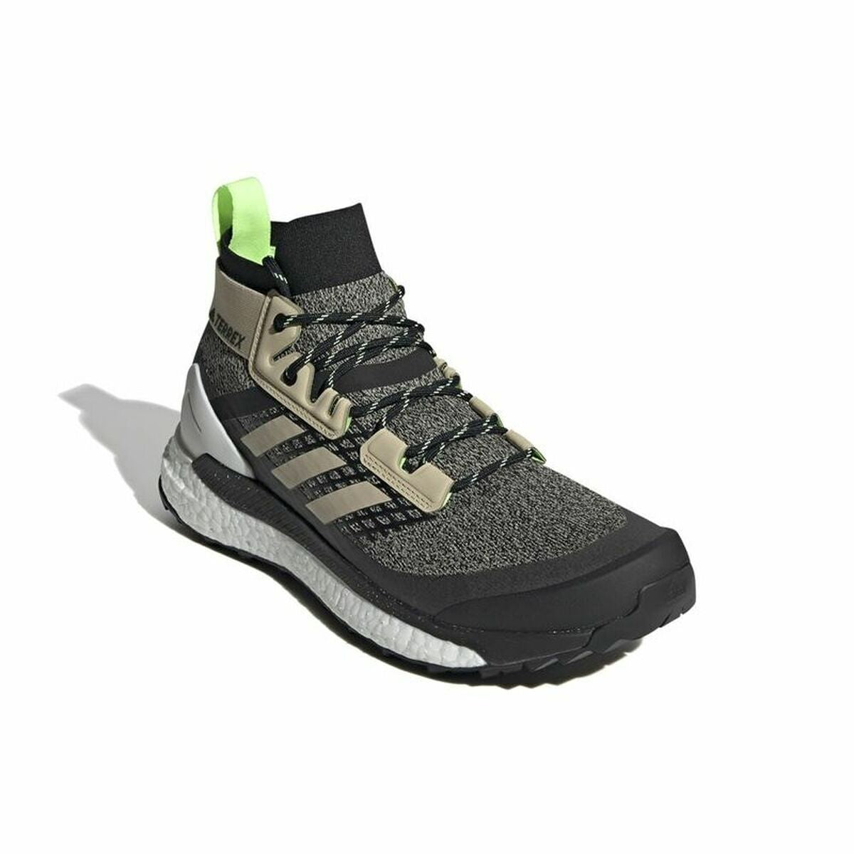 Black Adidas Terrex Free Hiker hiking boots for men, designed for camping and outdoor adventures.