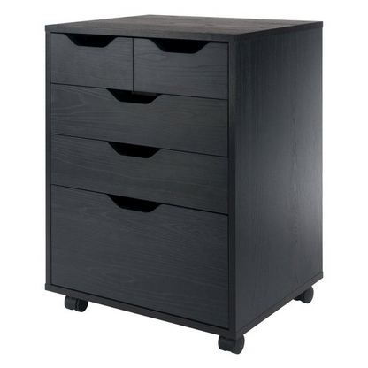 Black Halifax storage cabinet with bins and drawers, mobile furniture unit by Start2Finish with multiple compartments for organization.