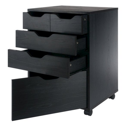 Black Halifax Bins &amp; Drawers Storage Mobile Cabinet by Start2Finish with multiple drawers on wheels for organized furniture storage.
