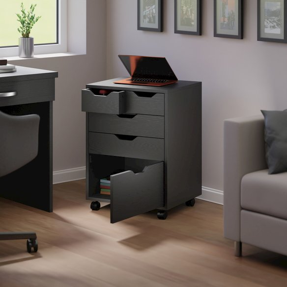 Black Halifax Bins and Drawers Storage Mobile Cabinet by Start2Finish with multiple storage compartments and casters.