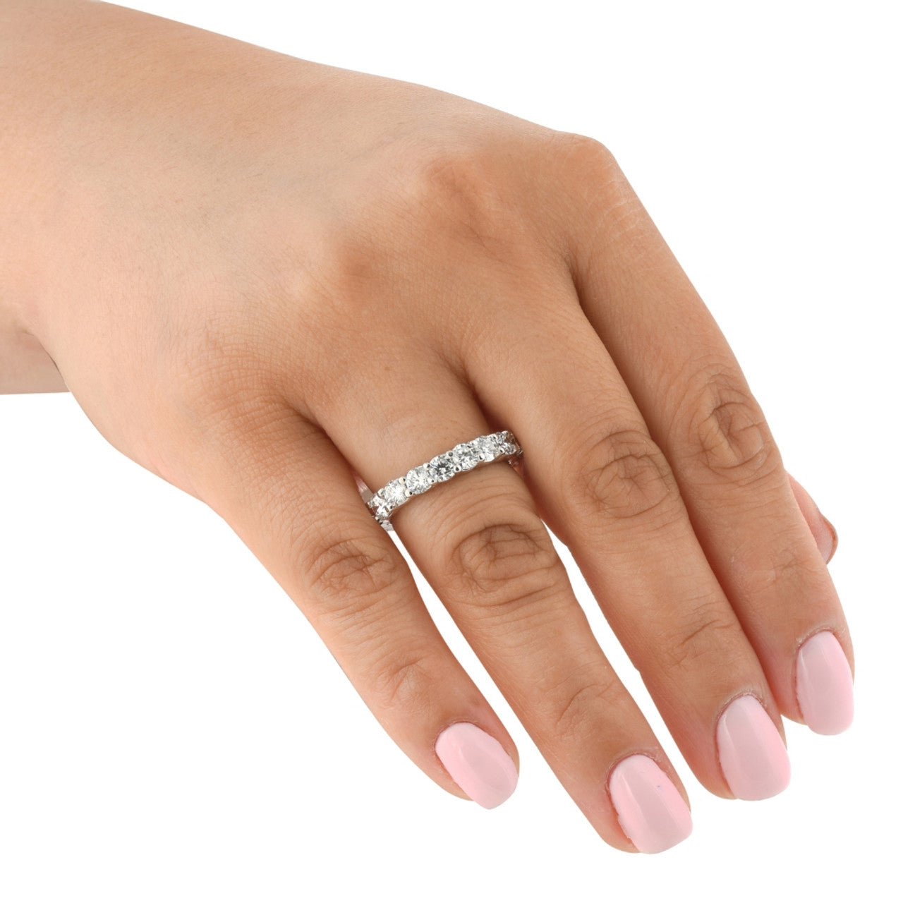 Start2Finish AGI Certified 2 CTW round lab-grown diamond eternity band in 14K white gold with F-VS diamonds.