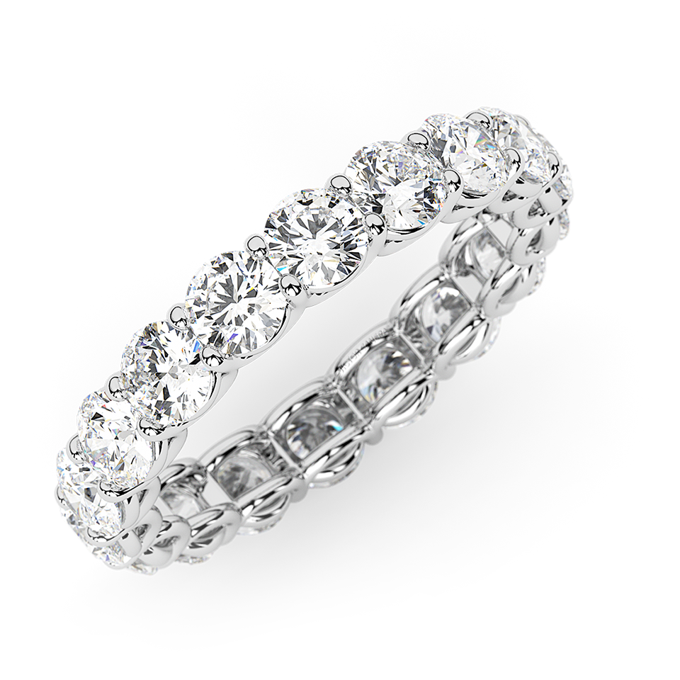 AGI Certified 2 CTW round lab-grown diamond eternity band in 14K white gold with F-VS clarity, featuring sparkling diamonds all around.