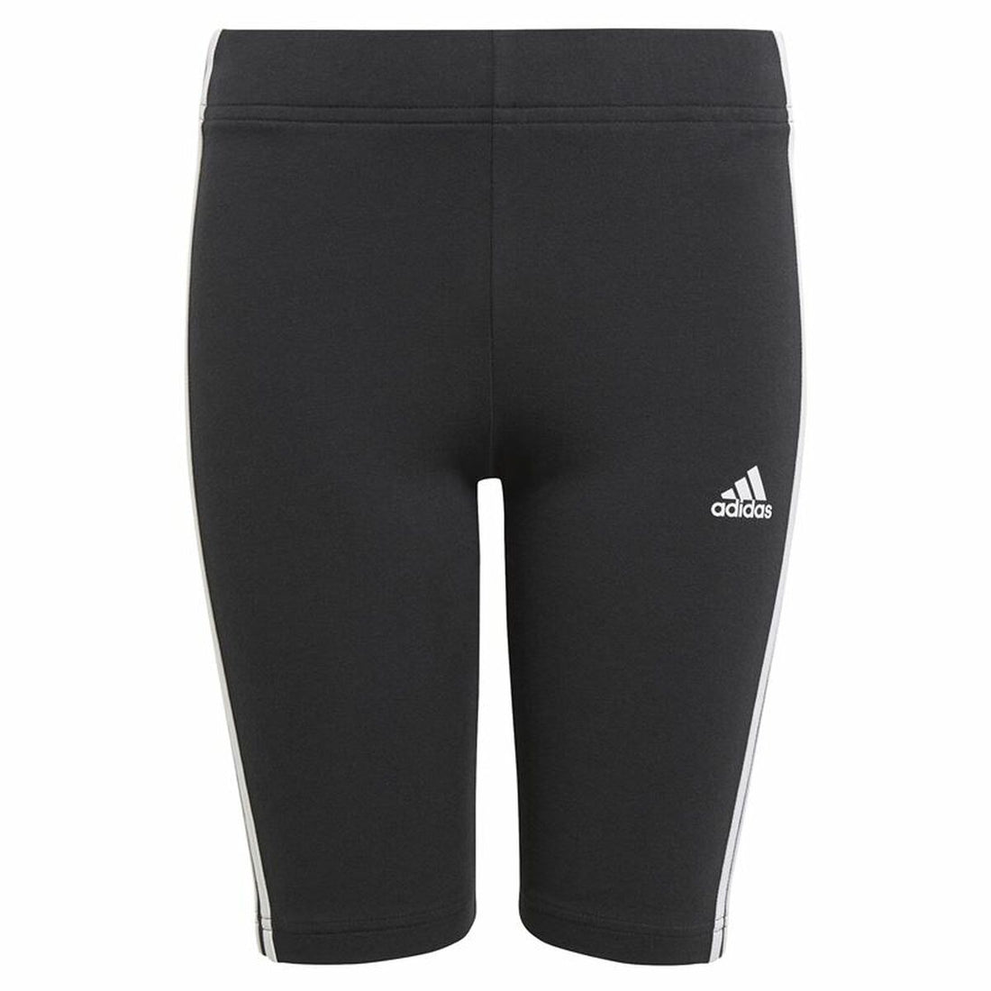 Black Adidas Essentials sports leggings with 3 stripes, featuring a snug fit and stretchy fabric for active wear.