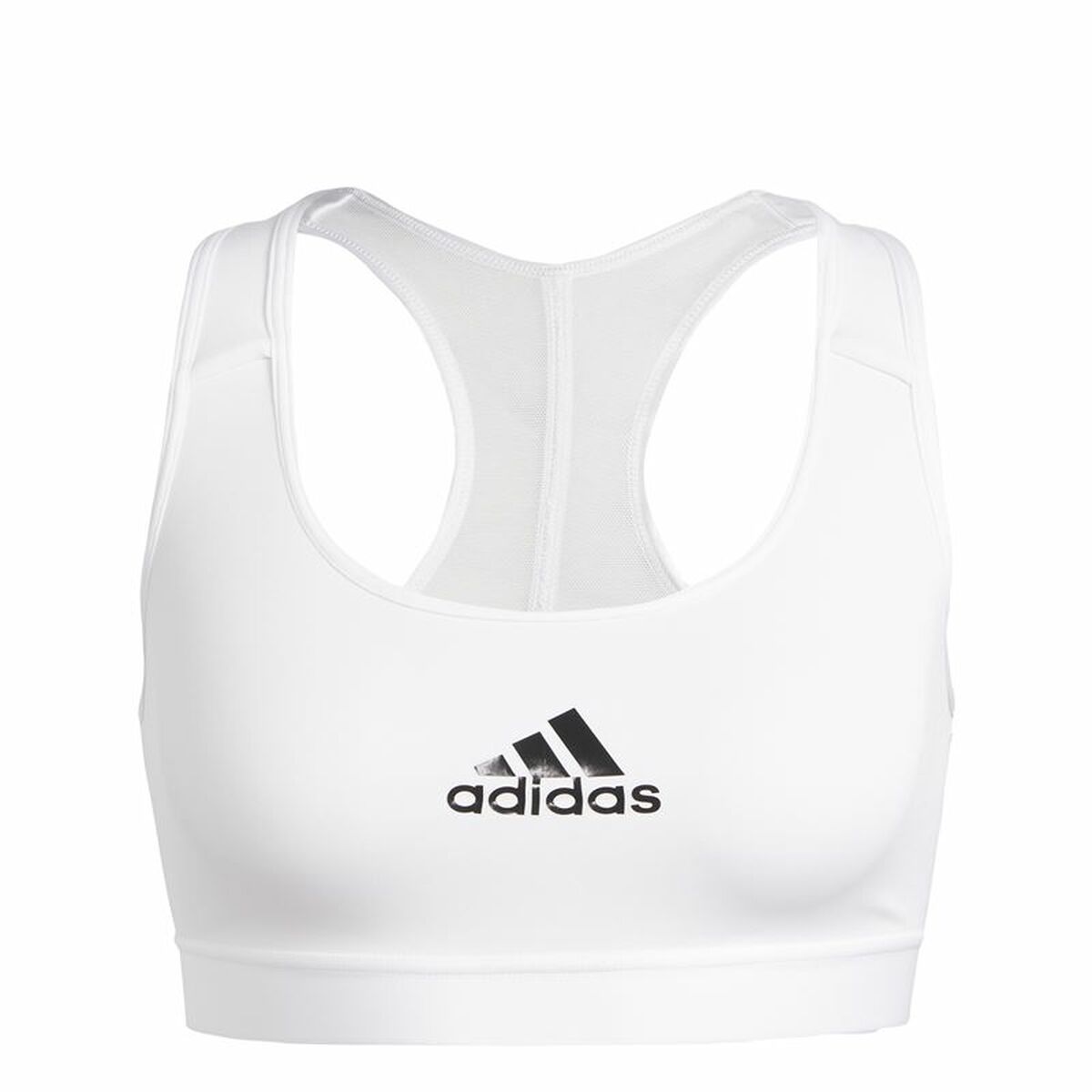 White Adidas PowerReact Training sports bra with supportive design, shown on a mannequin for activewear and fitness workouts.