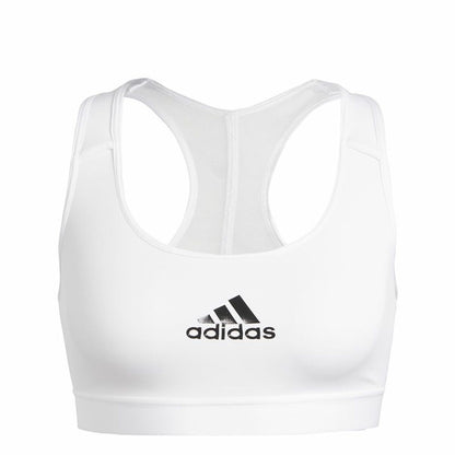 White Adidas PowerReact Training sports bra with supportive design, shown on a mannequin for activewear and fitness workouts.