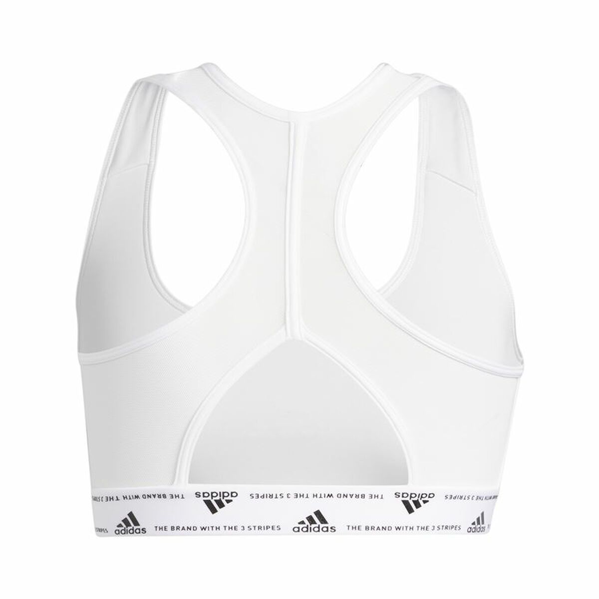 White Adidas PowerReact Training sports bra with supportive design and breathable fabric for comfortable workout wear.