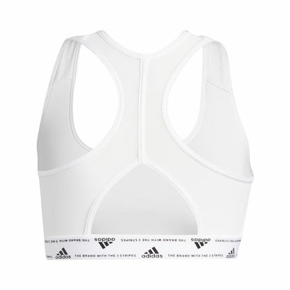 White Adidas PowerReact Training sports bra with supportive design and breathable fabric for comfortable workout wear.
