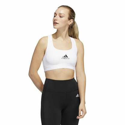 White Adidas PowerReact Training sports bra with supportive design, ideal for workout and active wear.