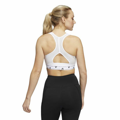 White Adidas PowerReact Training sports bra with supportive design, lightweight fabric, and logo detail for active fitness wear.