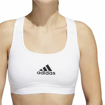 White Adidas PowerReact Training sports bra with supportive design, shown on a mannequin for activewear and fitness training.