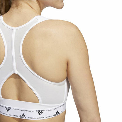 White Adidas PowerReact Training Sports Bra with supportive design, ideal for workout and athletic activities.