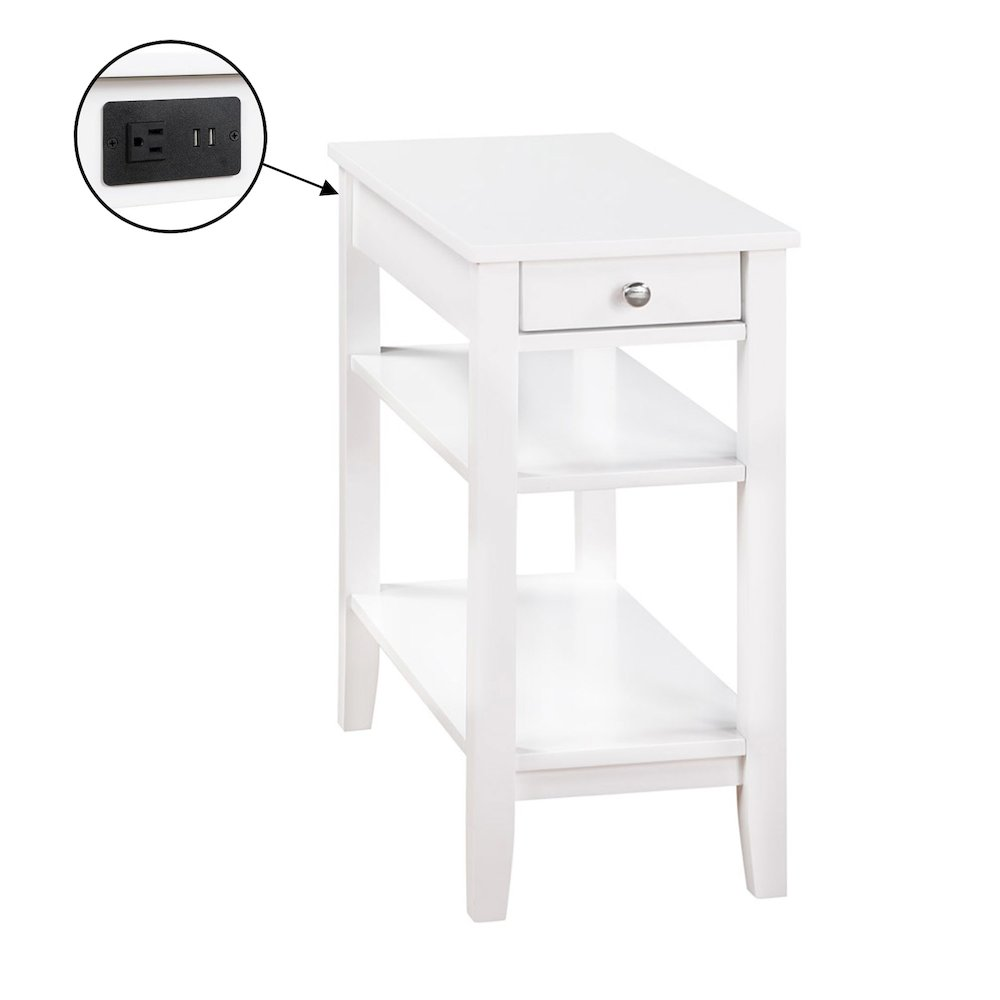 Start2Finish American Heritage chairside end table with single drawer, charging station, and open shelves for convenient storage and charging.