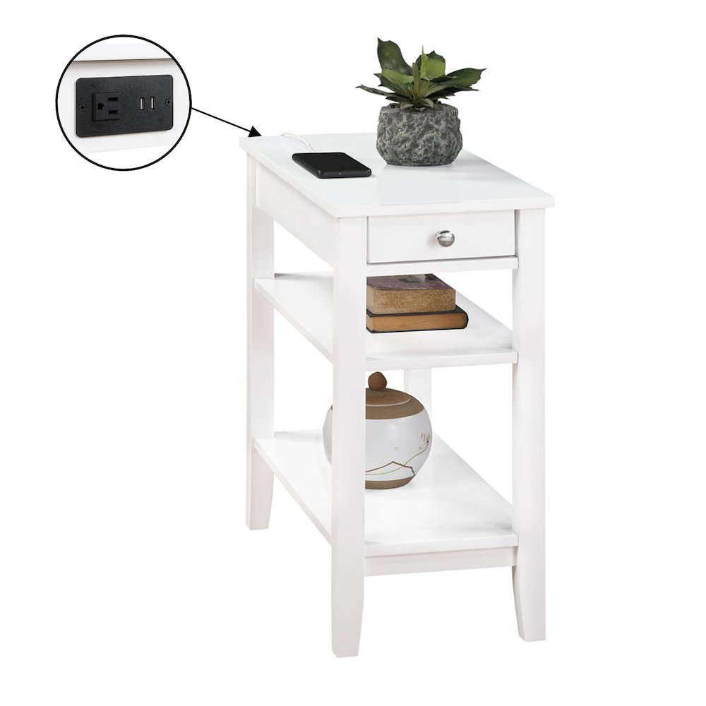 Start2Finish American Heritage chairside end table with drawer, charging station, and shelves, showcasing a wooden furniture piece.