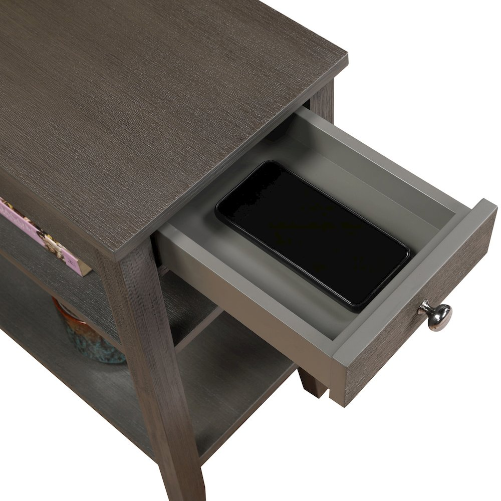 Start2Finish American Heritage chairside end table with one drawer, charging station, and shelves for convenient storage and charging.