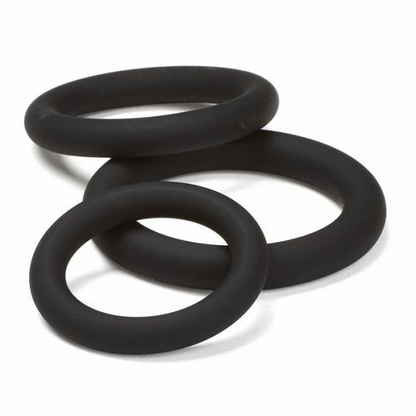 Start2Finish Cloud 9 Pro Sensual Silicone Cock Ring 3-pack in black, showing three flexible, smooth silicone rings for adult pleasure.