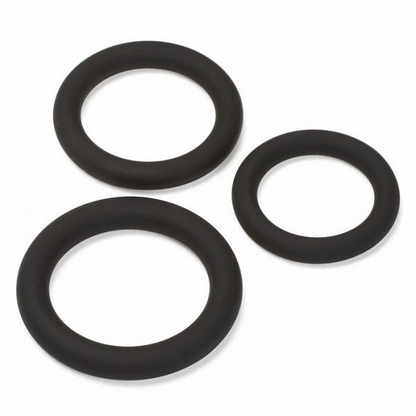 Start2Finish Cloud 9 Pro Sensual silicone cock ring 3-pack in black, showing three flexible, smooth adult pleasure rings.