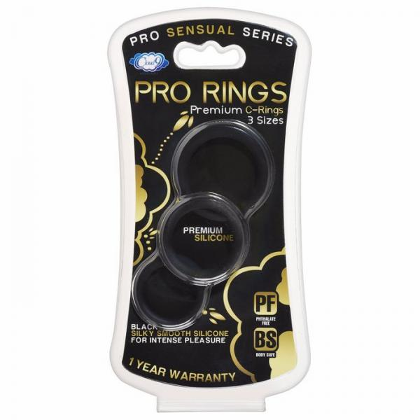 Start2Finish Cloud 9 Pro Sensual Silicone Cock Ring 3 Pack in black, showing three flexible silicone adult products on a white background.