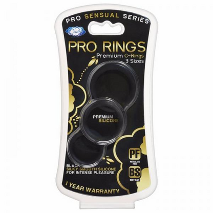 Start2Finish Cloud 9 Pro Sensual Silicone Cock Ring 3 Pack in black, showing three flexible silicone adult products on a white background.