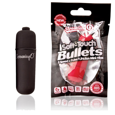 Black Soft-Touch Vooom! Bullets by Start2Finish, adult pleasure products, close-up of sleek, smooth black bullets on white background.