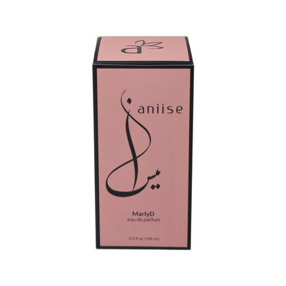 Eau de Parfum for Women by MarlyD, featuring a sleek glass bottle with a gold cap and elegant floral design.