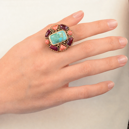Start2Finish blue turquoise floral gold ring with colorful floral design, intricate gold band, and vibrant gemstone accents.