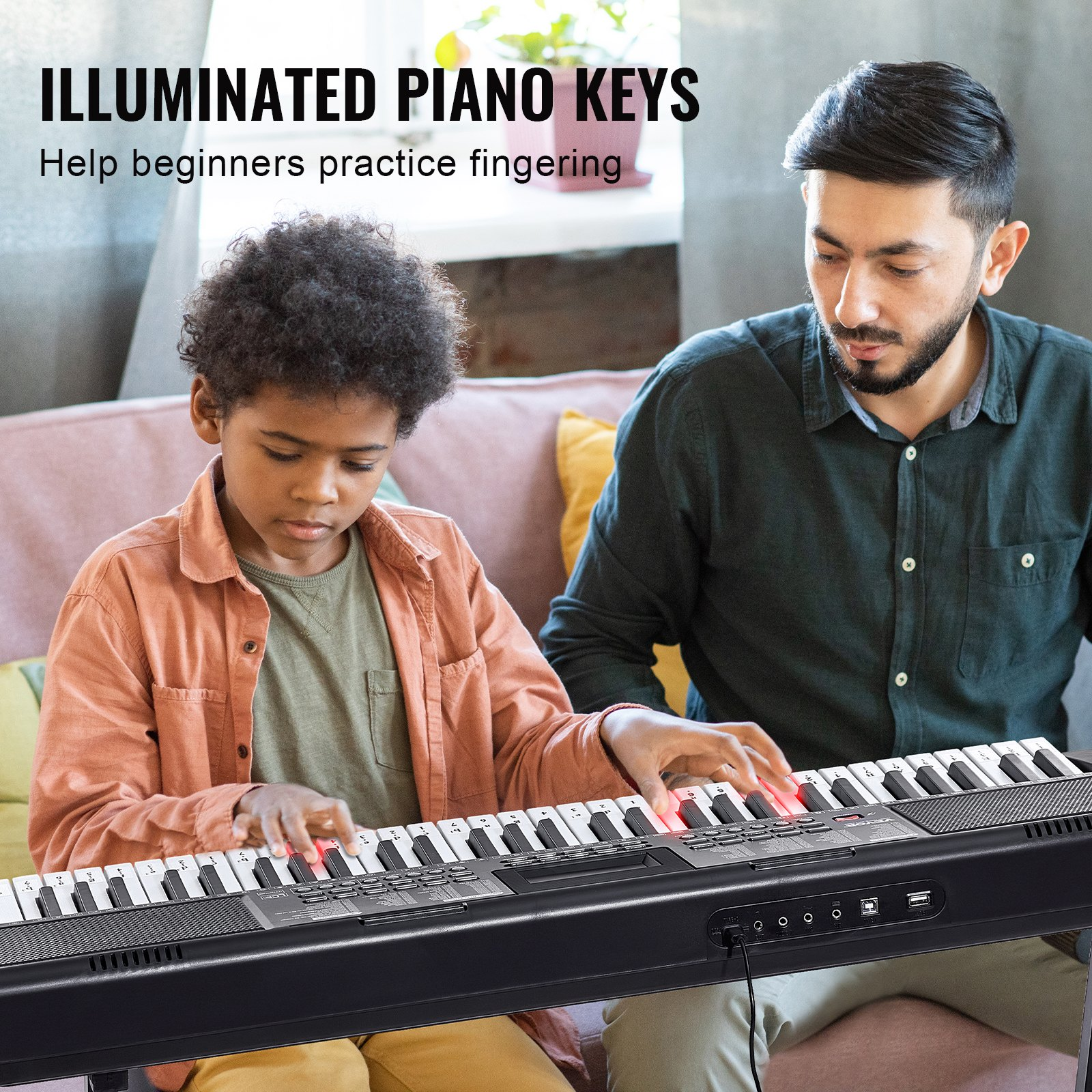 Start2Finish VEVOR 61-key digital keyboard piano with lighted keys, adjustable stand, built-in speakers, and headphones for beginners.