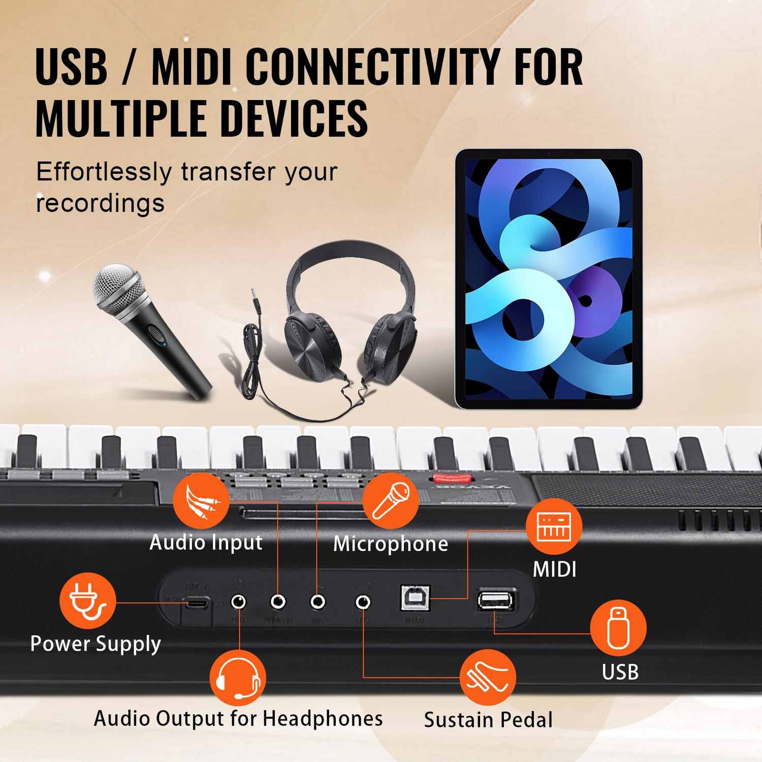 Start2Finish VEVOR 61-key digital keyboard piano with lighted keys, built-in speakers, sustain pedal, and headphones for beginners.