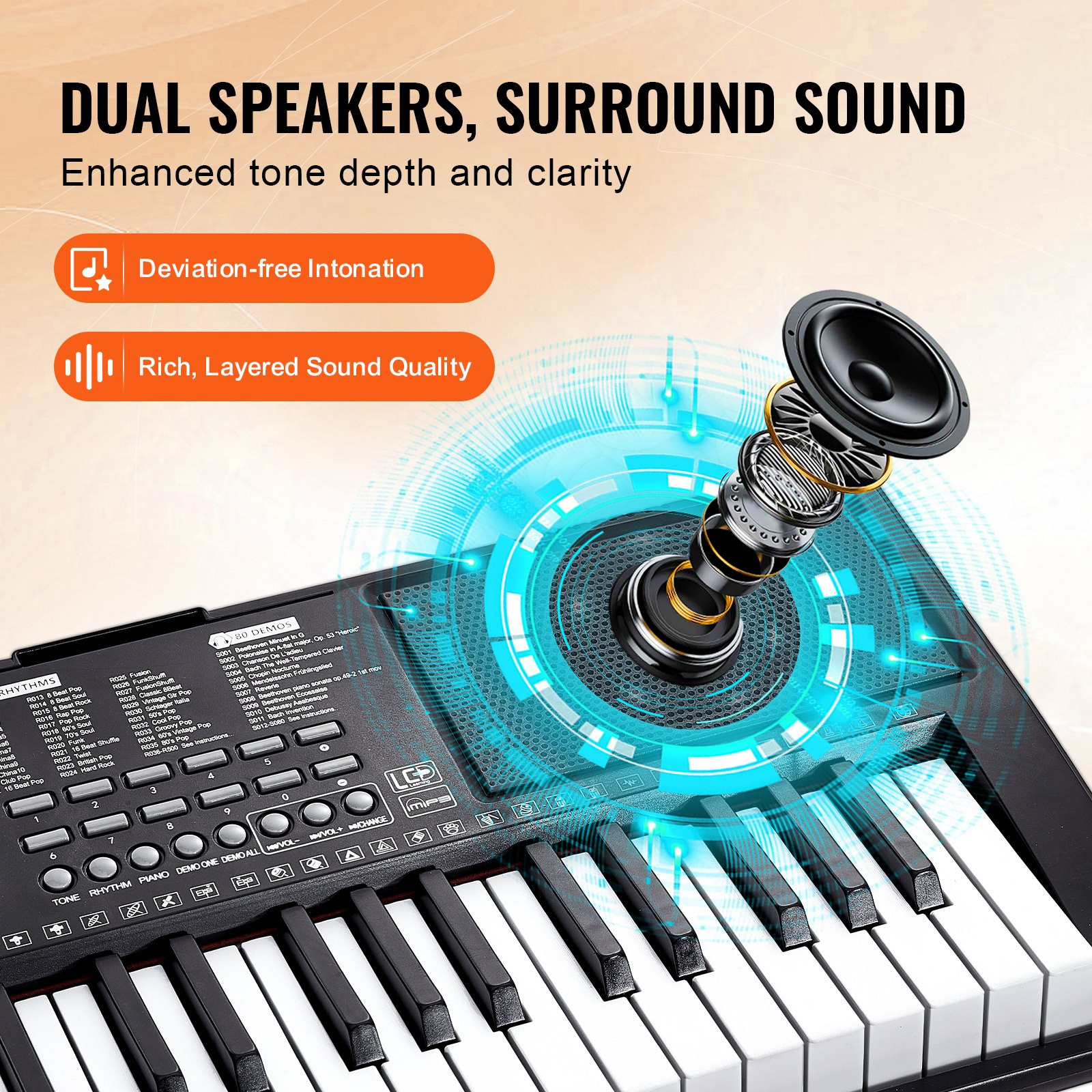 Start2Finish VEVOR 61-key digital keyboard piano with lighted keys, portable design, built-in speakers, sustain pedal, and USB MIDI.