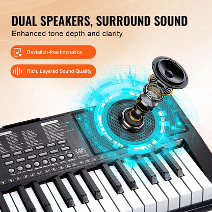Start2Finish VEVOR 61-key digital keyboard piano with lighted keys, portable design, built-in speakers, sustain pedal, and USB MIDI.