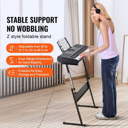 Start2Finish VEVOR 61-key digital keyboard piano with lighted keys, adjustable stand, built-in speakers, and headphones for beginners.