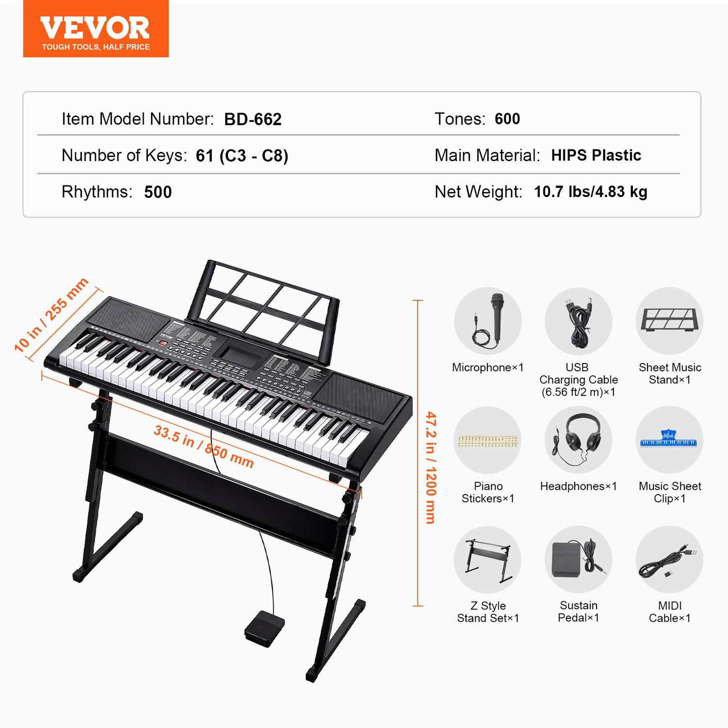 Start2Finish VEVOR 61-key digital keyboard piano with lighted keys, built-in speakers, adjustable stand, and headphone jack.