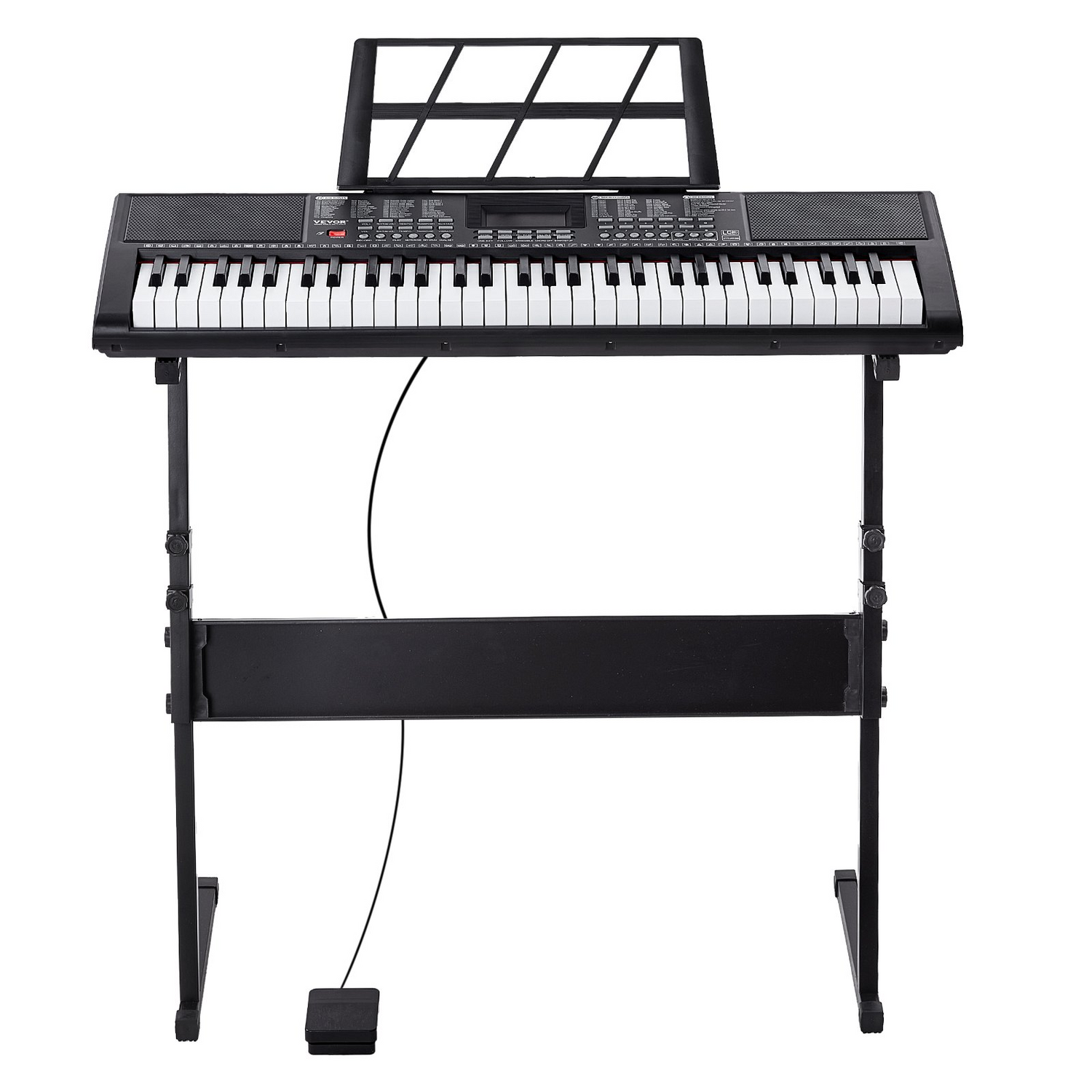 Start2Finish VEVOR 61-key digital keyboard piano with lighted keys, adjustable stand, built-in speakers, and headphone jack.