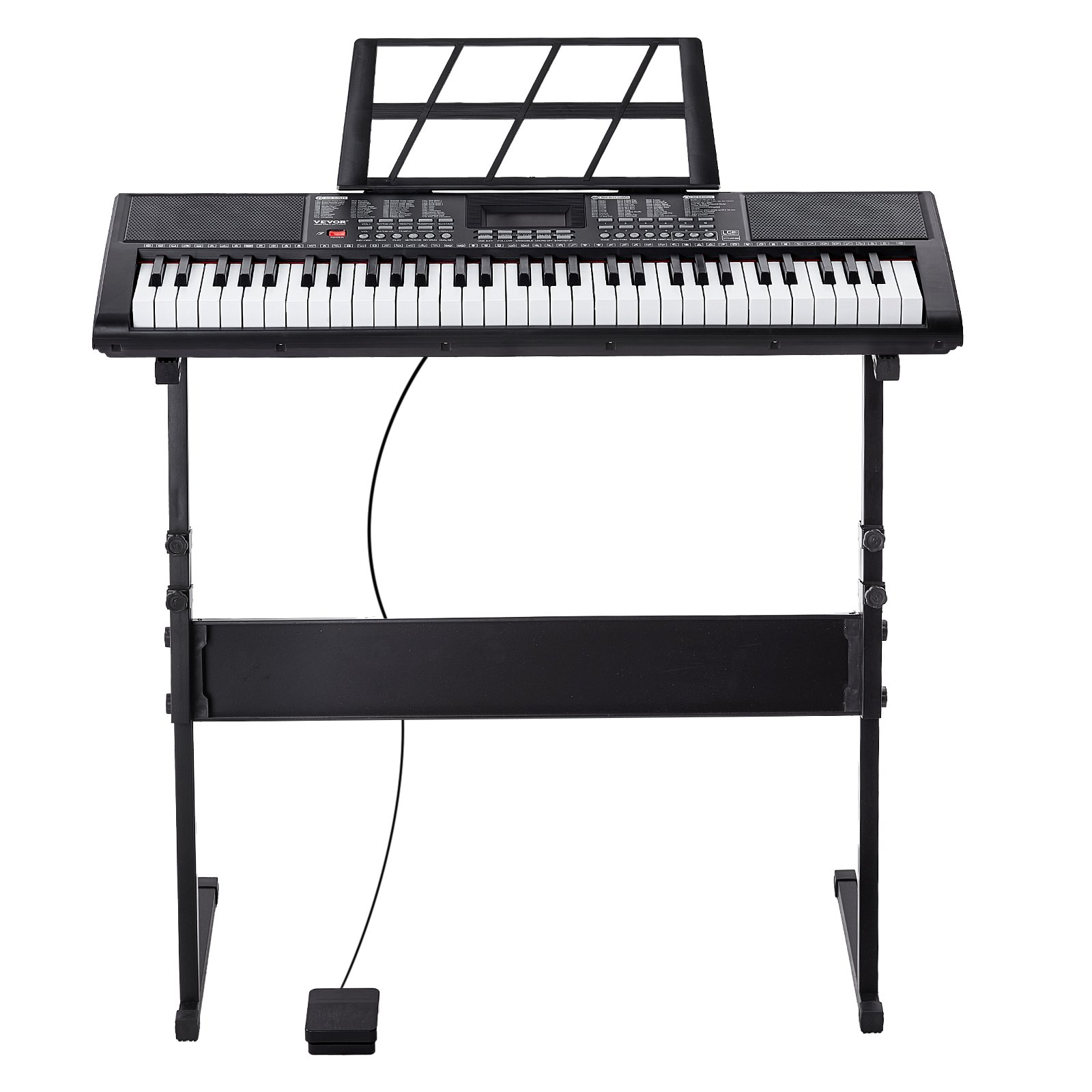 Start2Finish VEVOR 61-key digital keyboard piano with lighted keys, adjustable stand, built-in speakers, and headphone jack.