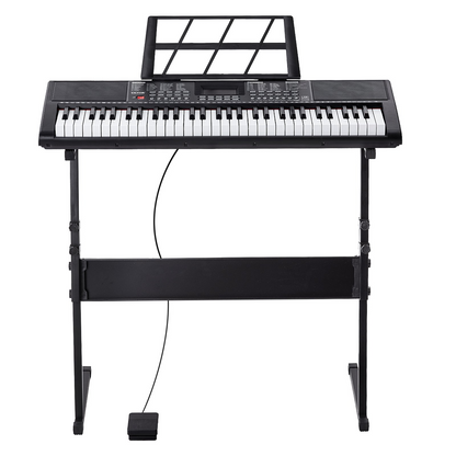 Start2Finish VEVOR 61-key digital keyboard piano with lighted keys, adjustable stand, built-in speakers, and headphone jack.